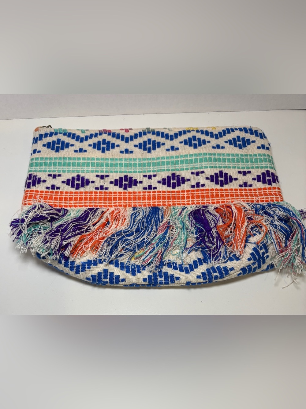 Fringe Embroidered Cotton Clutch in Blue, Orange & Teal
